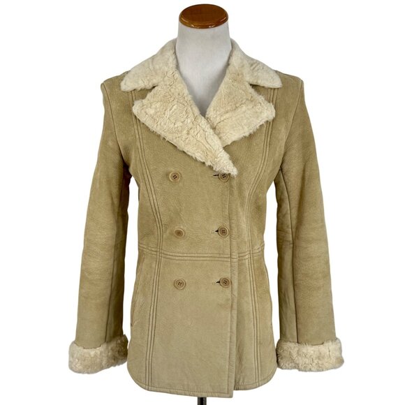 Vintage Y2K Kenneth Cole Tan Suede Leather Fur Lined Penny Lane Boho Hippie Coat - Picture 1 of 16